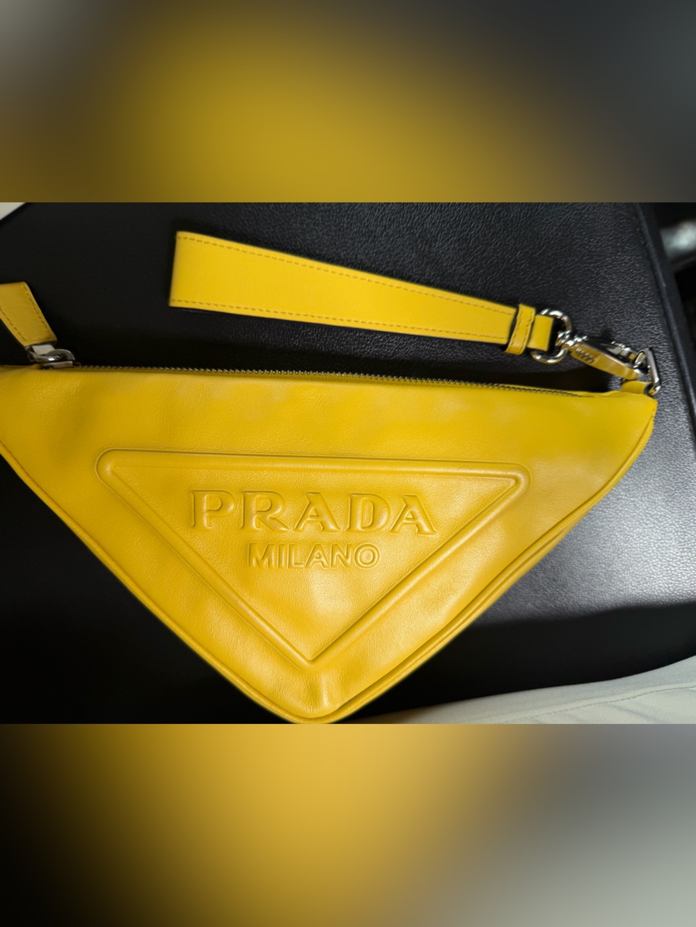 Prada Yellow Triangle Logo Leather Wristlet